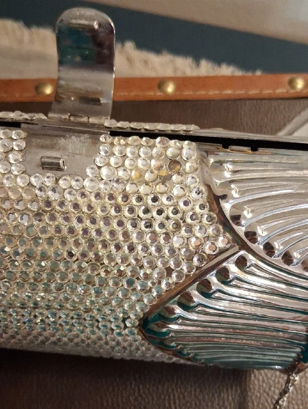 Vintage Shals International Silver Rhinestone Evening Clutch with Chain Strap